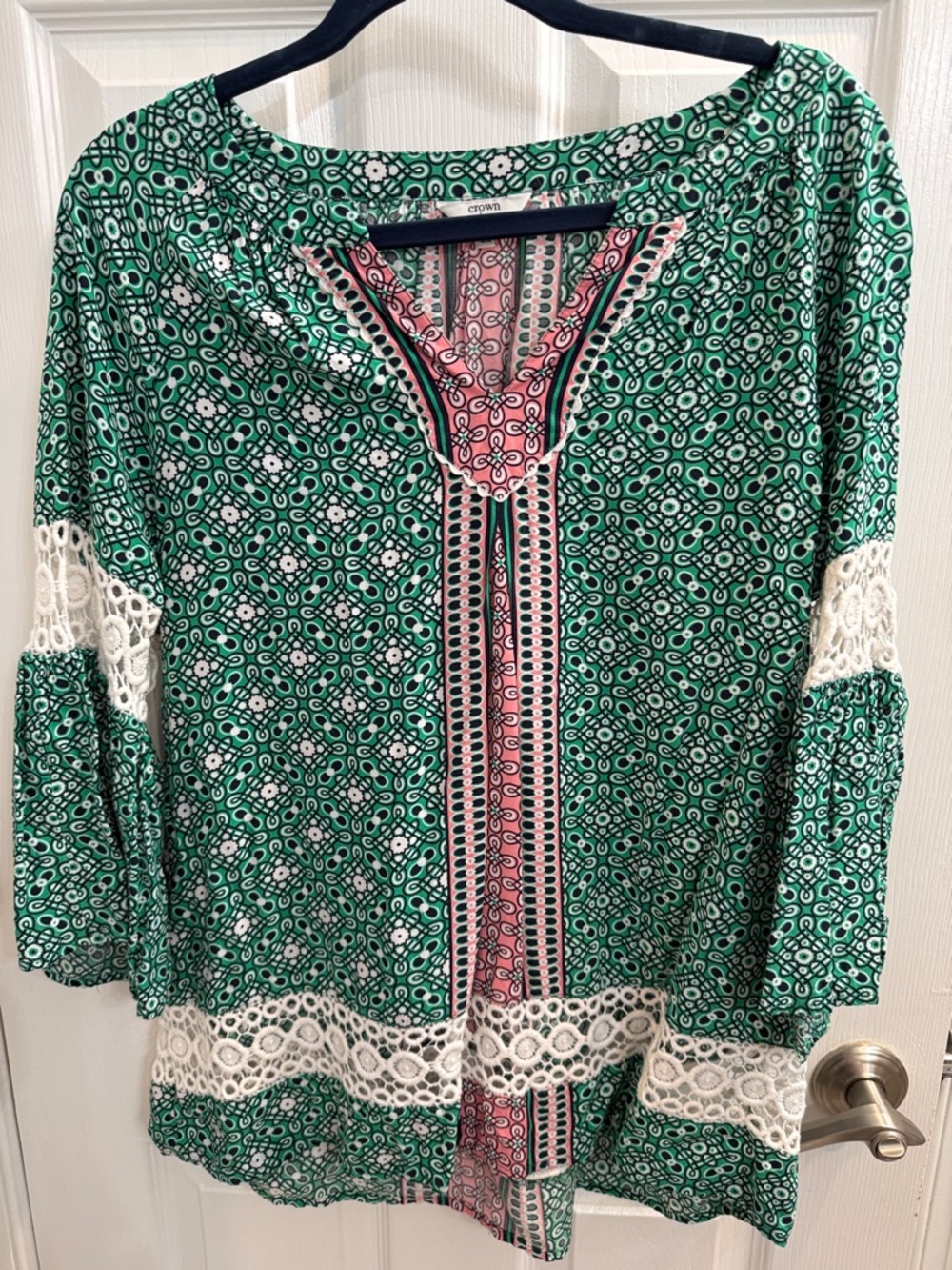 crown & ivy Green Printed Tunic with Pink Trim and White Lace